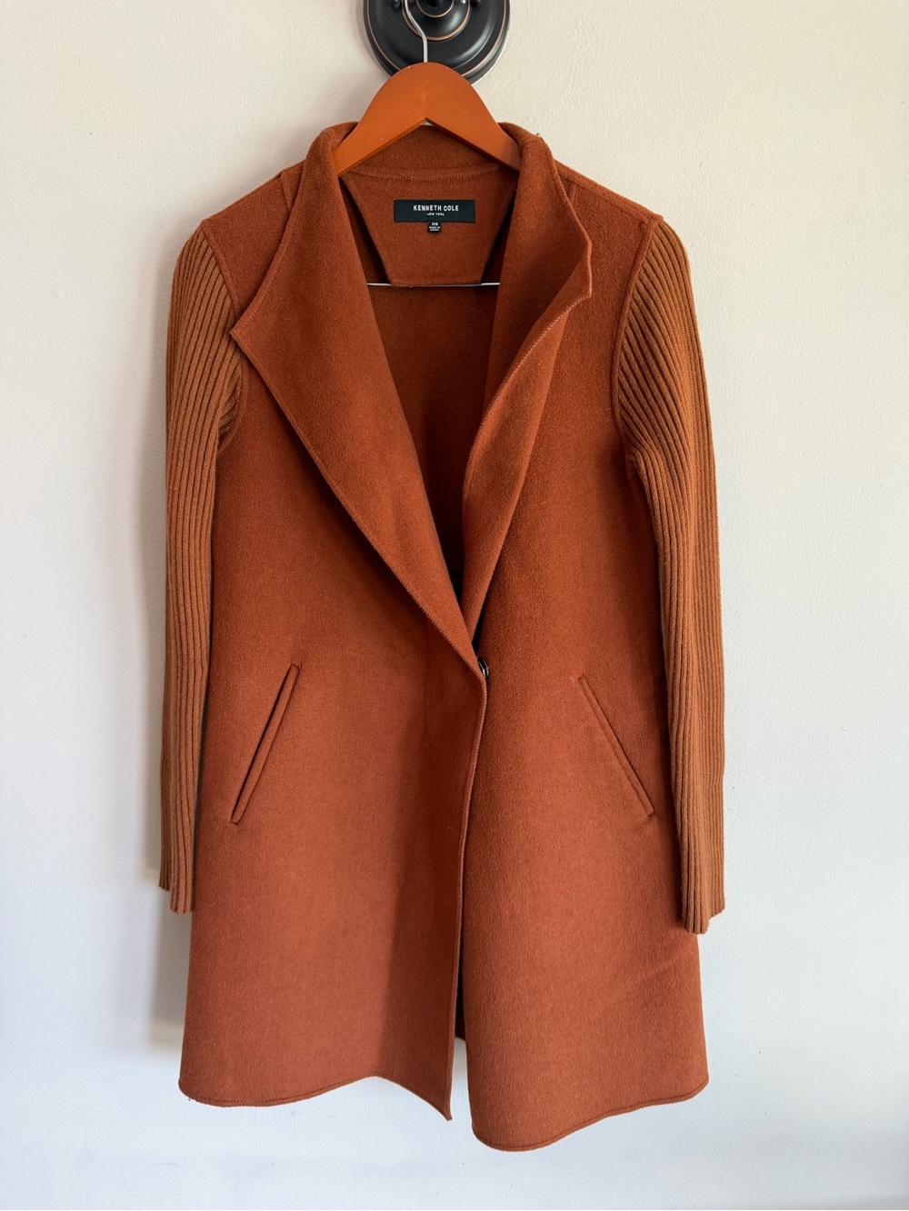 Kenneth Cole New York Rust Orange Mixed Media Wool Blend Coat Ribbed Sleeves XS